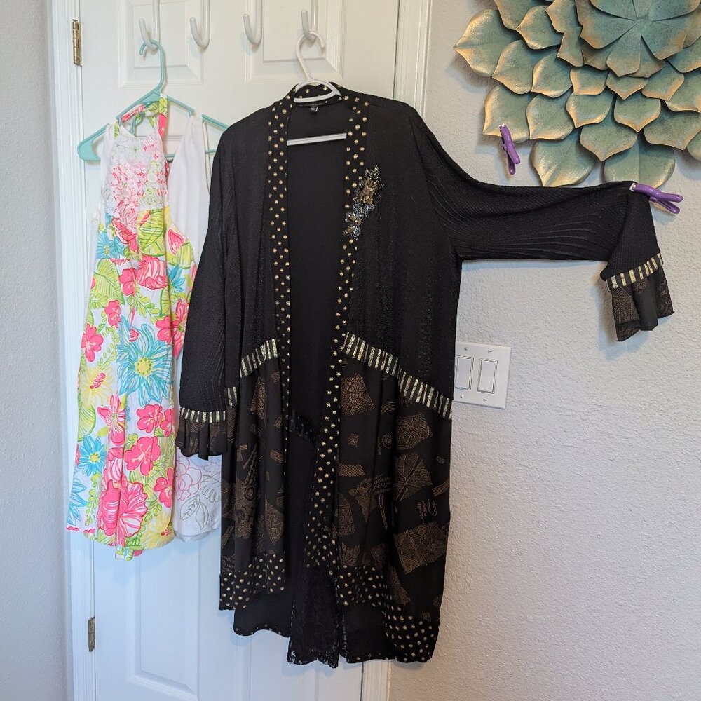 BOHO Jeweled ArtsyGeo Metallic Gold | Open Cardi / Duster | Indigo Moon | L